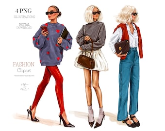 Fashion Girl Clipart: Stylish Women Illustrations (PNG Digital Download)