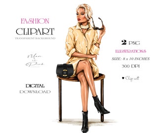 May include: A digital illustration of a woman wearing a yellow dress and black boots, sitting on a stool with a black handbag. The image is on a white background and includes the text "FASHION CLIPART, TRANSPARENT BACKGROUND, Mare in Pink, DIGITAL DOWNLOAD, 2 PNG ILLUSTRATIONS, SIZE: 8 x 10 INCHES, 300 DPI, Clip art".