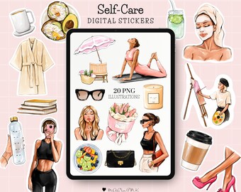 Digitale stickers, esthetische stickers voor zelfzorg, iPad-stickers, png-stickers, plannerstickers, ochtendroutine, planner scrapbooking clipart