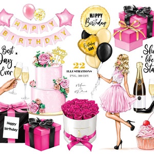 Birthday Girl Clipart Set, Glam Birthday Party, Pastel, Romantic Girl,  Balloon Numbers Graphics, Happy Birthday Invitation, Illustration 