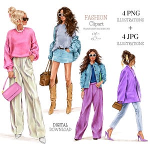 ファッション クリップアート、ファッション イラスト、女性のイラスト、プランナー カバー、ファッション ルック、流行の服、流行のヘアスタイル ファッション女性セット
