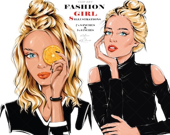 May include: Two illustrations of a woman with blonde hair in a bun. The woman on the left is wearing a black shirt and holding a slice of orange in front of her eye. The woman on the right is wearing a black mock neck shirt with cutouts on the shoulders. Both illustrations are in a cartoon style.