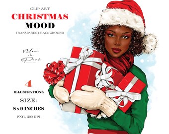 Black Woman Christmas Clipart: Afro Santa Hat Illustration (PNG)