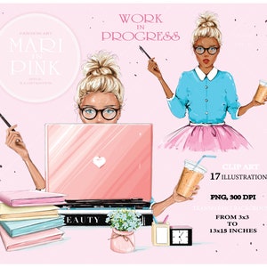 Girl with Laptop, Working Woman, Blonde with Laptop, Fashion Clipart, Girl with Coffee, Studying Girl, Office Clipart, Planner Stickers