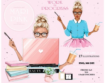 Girl with Laptop, Working Woman, Blonde with Laptop, Fashion Clipart, Girl with Coffee, Studying Girl, Office Clipart, Planner Stickers