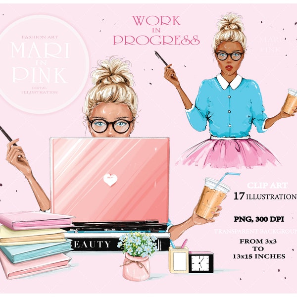 Girl with Laptop, Working Woman, Blonde with Laptop, Fashion Clipart, Girl with Coffee, Studying Girl, Office Clipart, Planner Stickers