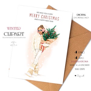 Clipart hiver fille, cartes postales de Noël, Clipart Noël, carte de voeux de Noël, clipart de sapin de nouvel an, clipart fille, carte postale fille PNG