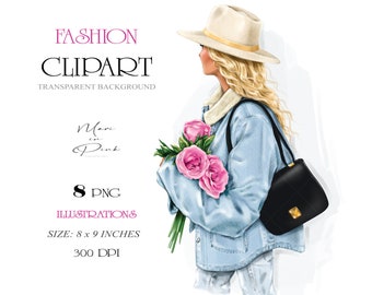 Girl with Flowers Clipart Woman in Hat Clipart Fashion Clipart Fashion Illustration Blond Girl Clipat Fashion Clipart PNG Planner Cover PNG