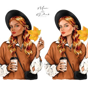 Pode incluir: Duas ilustra&ccedil;&otilde;es de mulheres vestindo su&eacute;teres marrons, chap&eacute;us pretos e camisas brancas. Cada mulher est&aacute; segurando uma x&iacute;cara de caf&eacute; e uma folha de outono. O texto "Mari in Pink" est&aacute; escrito no topo da imagem.