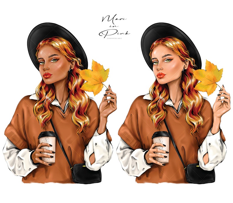 Pode incluir: Duas ilustra&ccedil;&otilde;es de mulheres vestindo su&eacute;teres marrons, chap&eacute;us pretos e camisas brancas. Cada mulher est&aacute; segurando uma x&iacute;cara de caf&eacute; e uma folha de outono. O texto "Mari in Pink" est&aacute; escrito no topo da imagem.