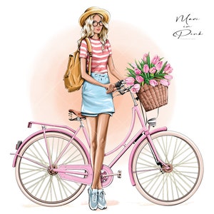 May include: A woman in a striped shirt and a straw hat rides a pink bicycle with a basket of pink flowers. The bicycle has a brown leather seat and white tires.