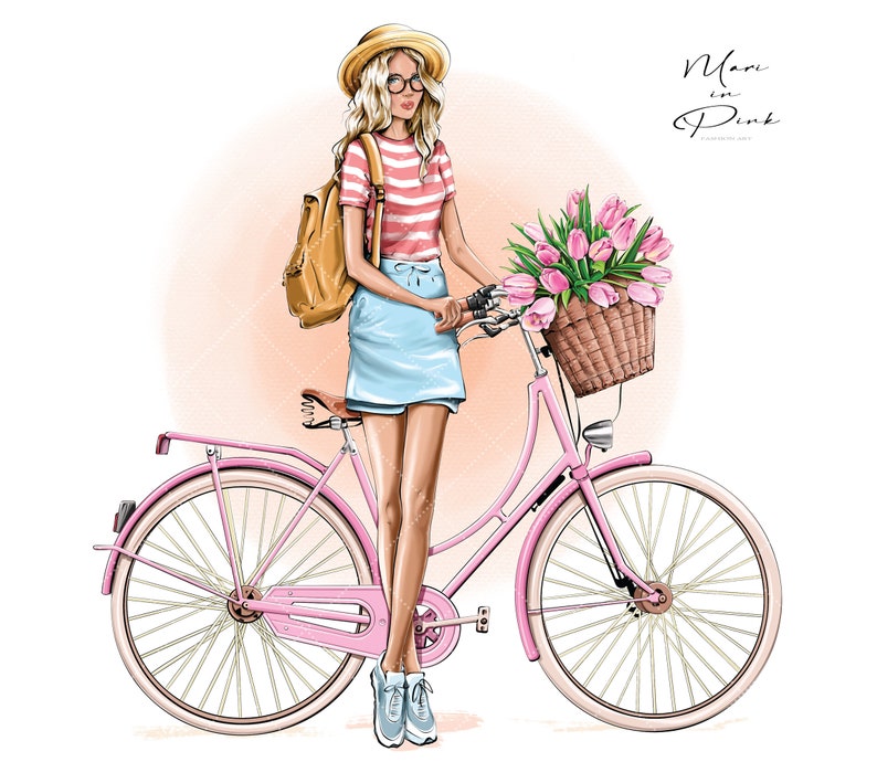 May include: A woman in a striped shirt and a straw hat rides a pink bicycle with a basket of pink flowers. The bicycle has a brown leather seat and white tires.