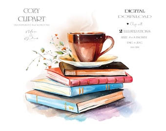 Digital Watercolor Coffee Clipart, Cozy Clipart, Books Clipart, Coffee Illustration, Planner Stickers, Planner Clipart, Coffee Cup Clipart