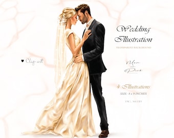May include: A digital illustration of a bride and groom embracing. The bride is wearing a white wedding dress with a veil and the groom is wearing a black suit. The background is a soft pink watercolor wash.
