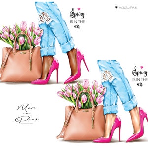 May include: Two illustrations of women's legs wearing blue jeans and pink high heels. Each woman is carrying a light brown handbag with a pink bouquet of tulips. The text "Spring is in the air" is written in black on a white background. The text "Mari in Pink" is written in black on a white background.
