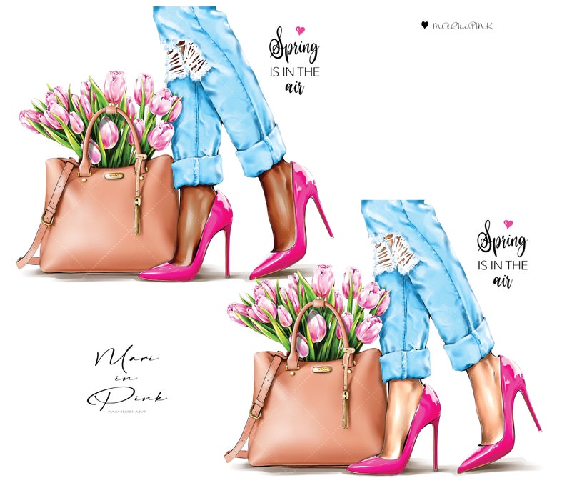 May include: Two illustrations of women's legs wearing blue jeans and pink high heels. Each woman is carrying a light brown handbag with a pink bouquet of tulips. The text "Spring is in the air" is written in black on a white background. The text "Mari in Pink" is written in black on a white background.