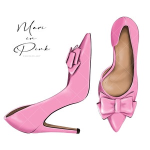May include: A pair of pink high-heeled shoes with a bow on the front. The shoes are pointed toe and have a thin heel. The text "Mari in Pink Fashion Art" is written above the shoes.