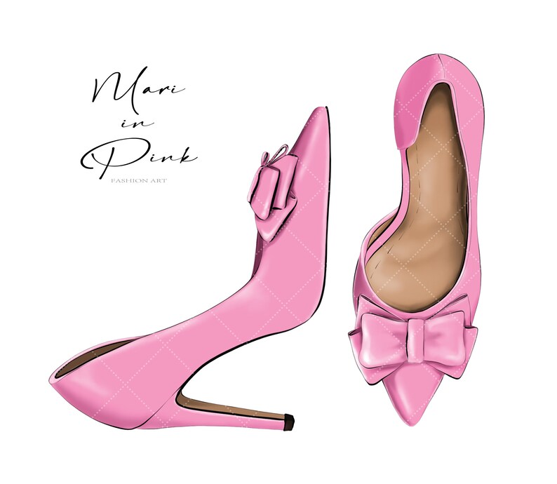 May include: A pair of pink high-heeled shoes with a bow on the front. The shoes are pointed toe and have a thin heel. The text "Mari in Pink Fashion Art" is written above the shoes.