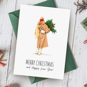 Carte de Noël imprimable en téléchargement numérique Carte de voeux de Noël avec femme tenant un sapin de Noël Illustration de Noël Clipart Noël