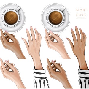 May include: Five illustrations of hands, some holding a white saucer with a white coffee cup filled with brown coffee. The text "MARI in PINK" is in the upper right corner of the image.