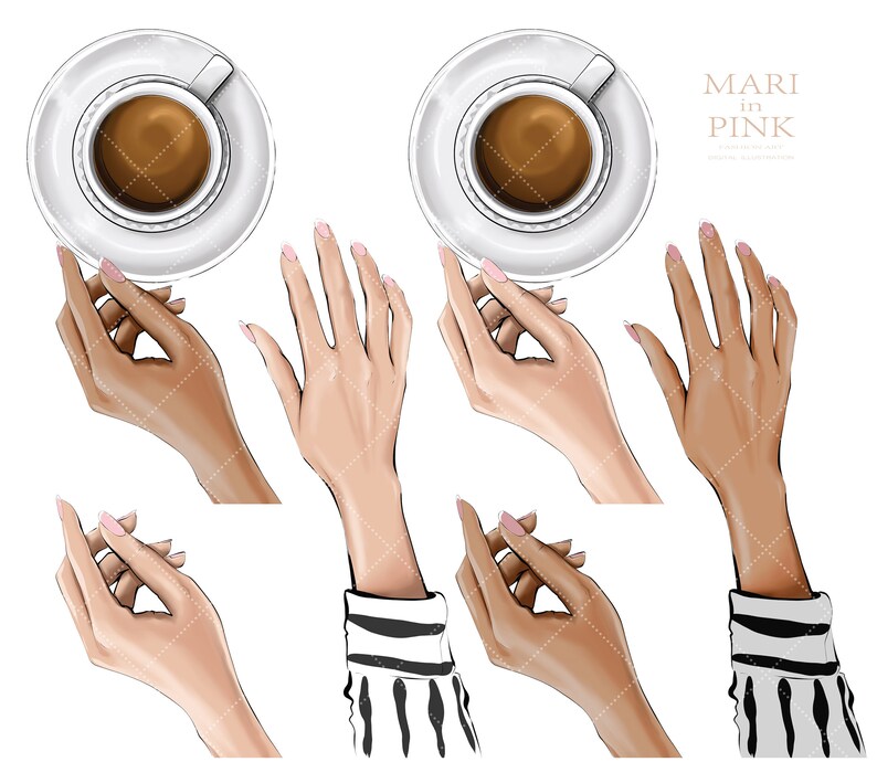 May include: Five illustrations of hands, some holding a white saucer with a white coffee cup filled with brown coffee. The text "MARI in PINK" is in the upper right corner of the image.