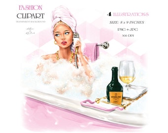 May include: A woman in a pink bathrobe and towel is relaxing in a bubble bath. She is holding a shower head and a glass of champagne is on a tray next to her. The bottle of champagne is labeled "Sparkling 1887".