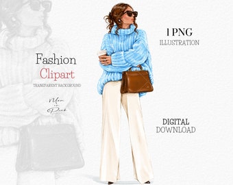 Mädchen Clipart, Mode Clipart, Brünett Clipart, Mode-Illustration, Mädchen PNG, Planer Cover, Girly Planer, Schöne Mädchen-Mode-Look