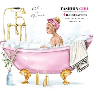 Bath Clipart, Fashion Girl Clipart, Fashion Illustration, Fashion Clipart, Planner Cover, Girl in Bath, Girly Planner, Bubbles Bath Clipart