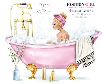 Bath Clipart, Fashion Girl Clipart, Fashion Illustration, Fashion Clipart, Planner Cover, Girl in Bath, Girly Planner, Bubbles Bath Clipart