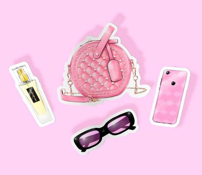 May include: A pink quilted round handbag with a gold chain strap, a pink and white patterned phone case, a pink and black pair of sunglasses, and a clear glass bottle of perfume with a gold cap and the word "LOVE" on the label.