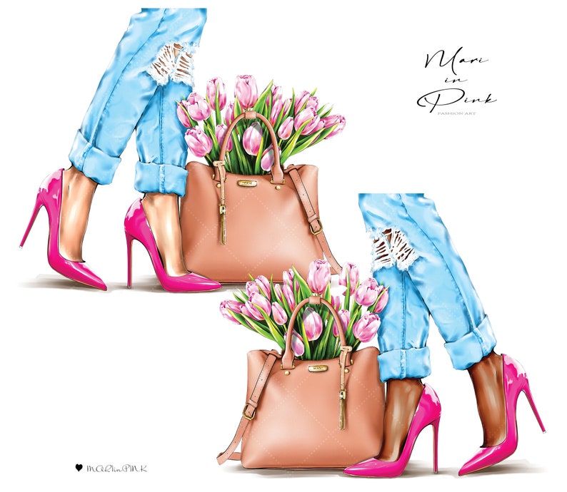 May include: Two women's legs wearing blue jeans and pink high heels. Each woman is carrying a light brown handbag with a gold chain and a bouquet of pink tulips.
