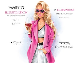Fashion Clipart, Woman with Glass of Wine, Girl Clipart, Hairstyle Clipart, Girl PNG, Blond Girl Clipart, Planner Clipart Beautiful Girl PNG