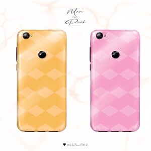 May include: Two phone cases with a geometric pattern. The case on the left is yellow and the case on the right is pink.