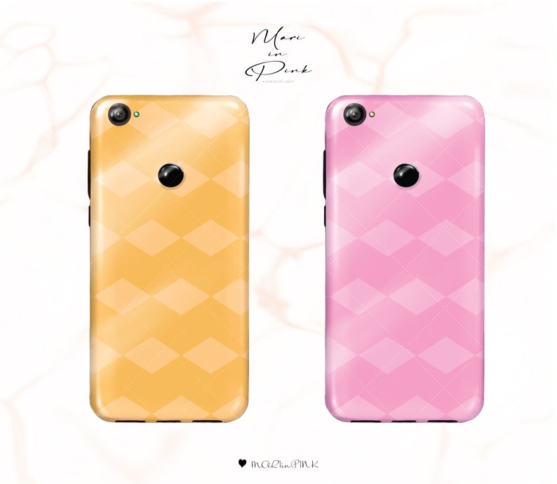 May include: Two phone cases with a geometric pattern. The case on the left is yellow and the case on the right is pink.