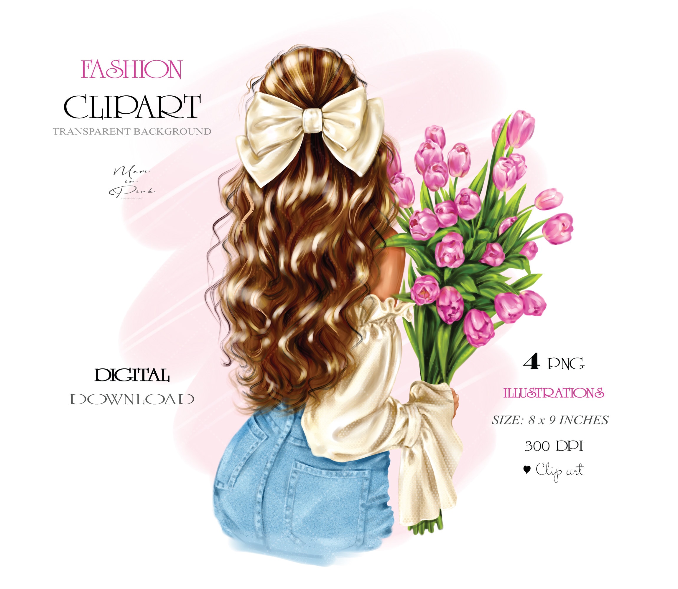 Girl with Flowers Clipart Girl Clipart Fashion Clip art Fashion Illustration Brunette Girl Clipat Fashion Clipart PNG Planner Cover Tulips