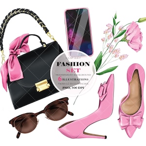 Flat Lay Clipart, Mode Clipart, Clipart Tasche, Clipart Schuhe, Mode Illustration, Frau Tasche Clipart, Sonnenbrille Clipart, Telefon Clipart
