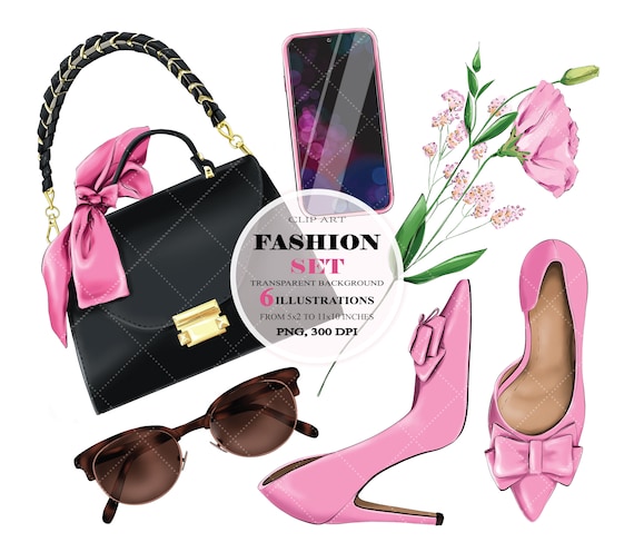 Flat Lay Clipart, Fashion Clipart, Bag Clipart, Shoes Clipart, Fashion Illustration, Woman Bag Clipart, Sunglasses Clipart, Phone Clipart