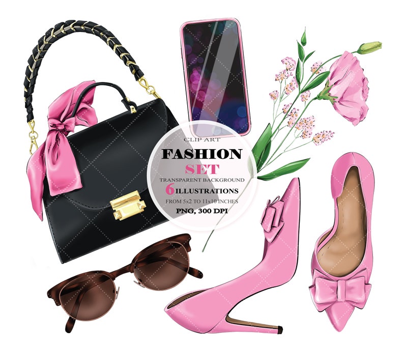 May include: A set of six fashion illustrations featuring a black handbag with a pink bow, a pair of brown sunglasses, a pink high-heeled shoe with a bow, a pink high-heeled shoe with a bow, a pink flower bouquet, and a black smartphone.