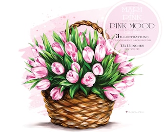 Flower Basket Clipart, Spring Clipart, Tulips Clipart, Bouquet for Birthday postcard, Flowers Clipart, Floral Clipart, Tulips PNG Basket PNG