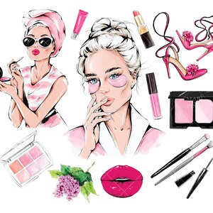 May include: A set of beauty products including makeup brushes, eye masks, lipstick, blush, and a compact mirror. The products are arranged on a white background with a floral design.