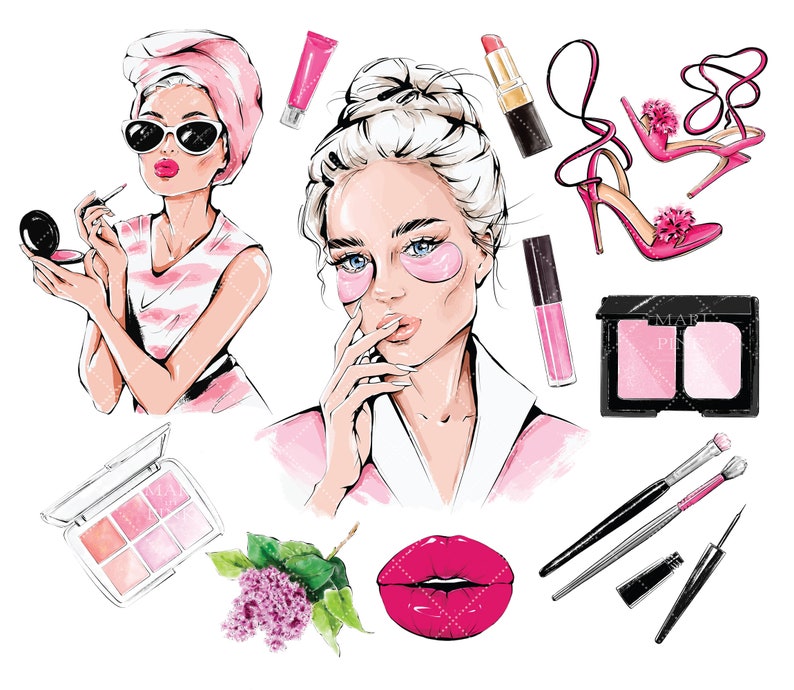 May include: A set of beauty products including makeup brushes, eye masks, lipstick, blush, and a compact mirror. The products are arranged on a white background with a floral design.