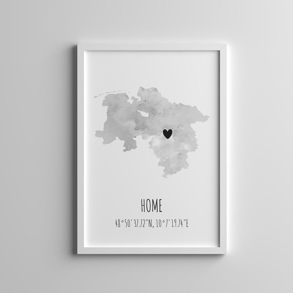 Niedersachsen personalisiertes Wandbild / Weltkarte / Koordinaten / Zuhause / Geschenk Umzug / Einweihungsgeschenk / Wohnung / Deutschland