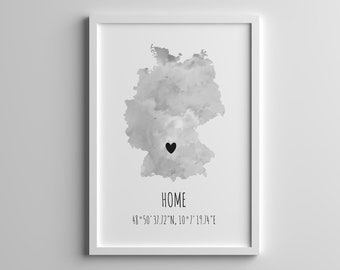 Germany - Personalized Mural Map of Germany Coordinates Home Gift Moving Housewarming Gift Apartment - Different Sizes