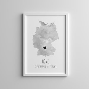 Deutschland - Personalisiertes Wandbild Deutschlandkarte Koordinaten Home Geschenk Umzug Einweihungsgeschenk Wohnung - verschiedene Größen