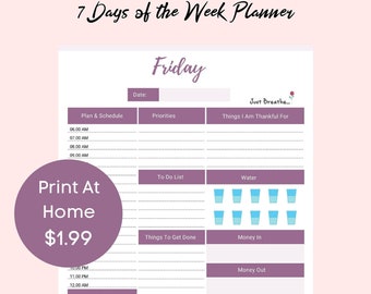 Weekly Planner, Work Week Planner, Daily Planner, Daily Hourly Planner, Water Tracker, Work Schedule, Days of the Week, Daily to do List