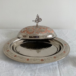 Assiette en laiton servant, assiette de service en cuivre faite à la main turque, plateau de service en cuivre épais avec couvercle, décor de cuisine Français,