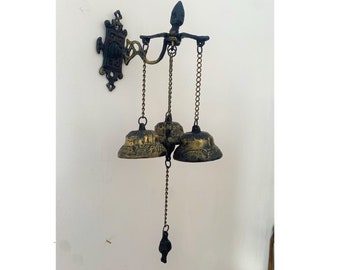 Vintage Brass Doorbell Hanging Wall Chimes 3 Bells Antique Art Shop Store Bell , Christmas , Vintage Brass Temple Bell