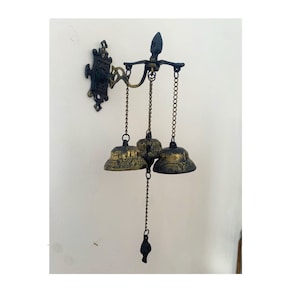 Vintage Brass Doorbell Hanging Wall Chimes 3 Bells Antique Art Shop Store Bell , Christmas , Vintage Brass Temple Bell