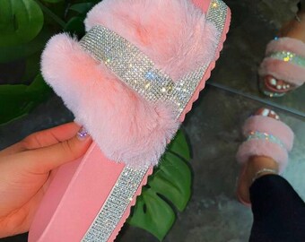 light pink fur slides