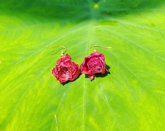 Red Spray Rose Gold Hook Earrings